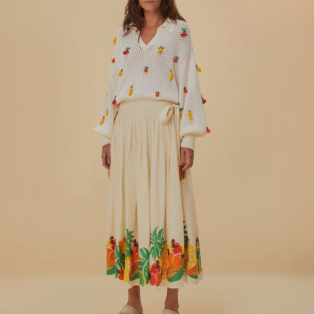 FARM Rio Embroidered Fruits Side Bow Midi Skirt